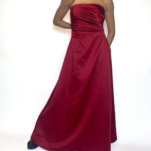vintage michaelangelo cherry red satin ruched strapless formal maxi dress